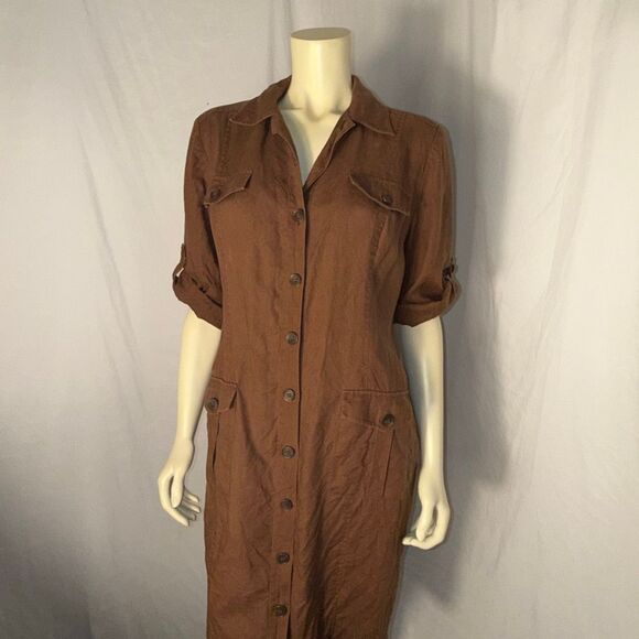 Vintage Maggy Linen Button-Front Utility Shirt Dress/Duster – Chestnut Brown, Si - Picture 9 of 13